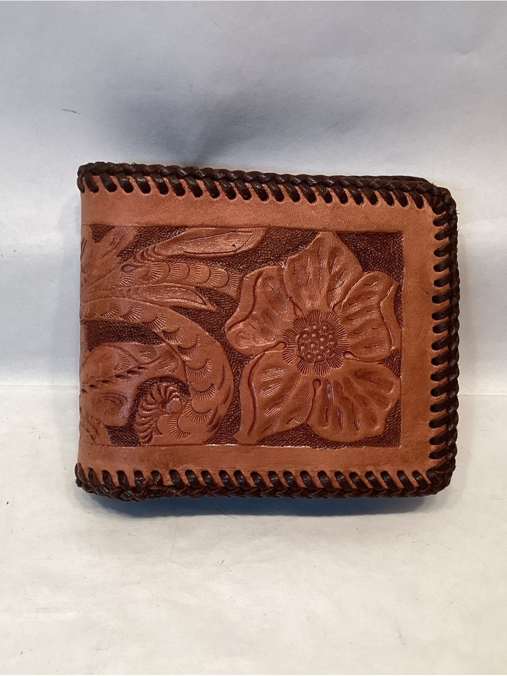 Vintage Hand Tooled Leather Wallet Bill Fold Whip Stitch NEW Western